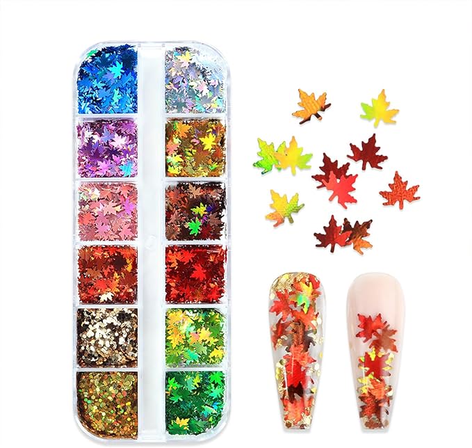 Thanksgiving Glitters Nails Sequins Fall Nail Glitter Sequins Autumn Maple Leaf Flakes Design Nails Charms Holographic Mixed Color 3D Confetti Maple Leaves Nails Glitter for Women