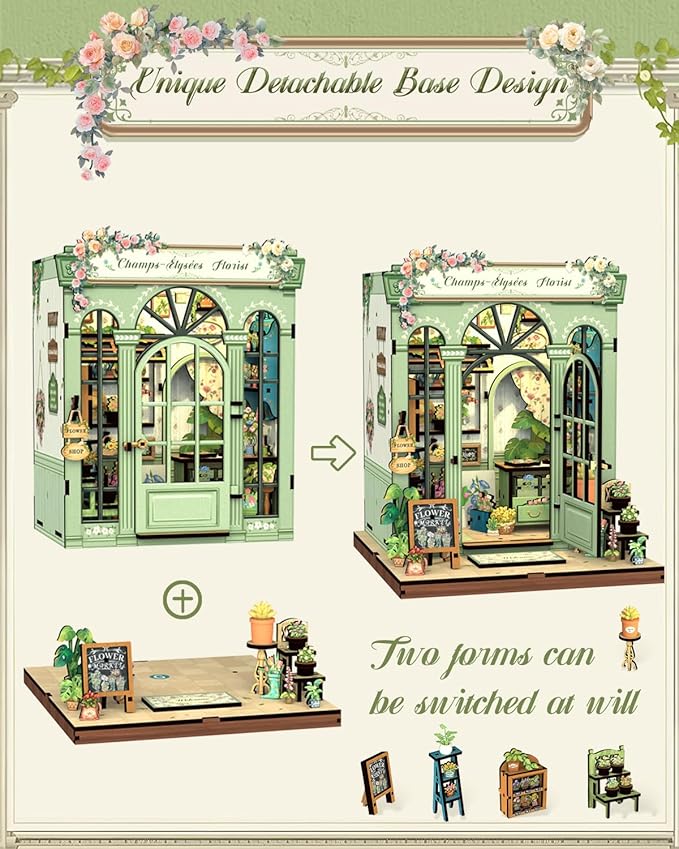 Cutefun Book Nook Kit - DIY Miniature Dollhouse Kit 3D Creative Decorative Bookend 3D Wooden Puzzle for Adults, Bookshelf Insert Room Decor with LED Light (Champs-Élysées Florist)