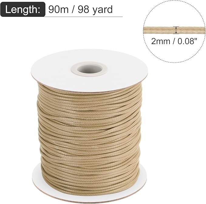 MECCANIXITY Waxed Cord 2mm Waxed Polyester Cord 98 Yard Wax String for Bracelet Making, Necklaces, Beading, Jewelry Making and DIY Crafts(Khaki)