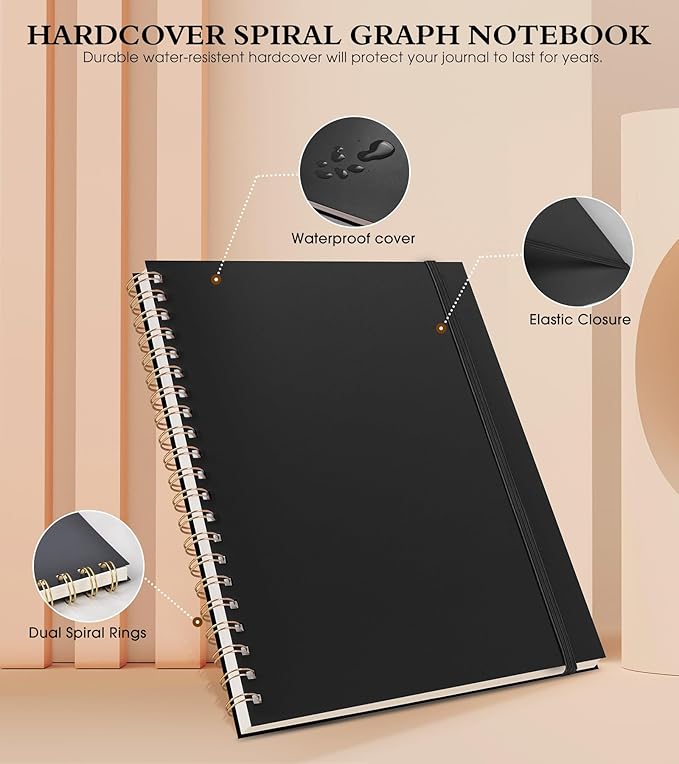 Graph Paper Notebook, Spiral Notebook Journal 8.5” x 11”, A4 Large Grid Notebooks for Women Men, 100 GSM Graph Paper, Plastic Hardcover Spiral Graphing Journals for Work School Engineerin, Black