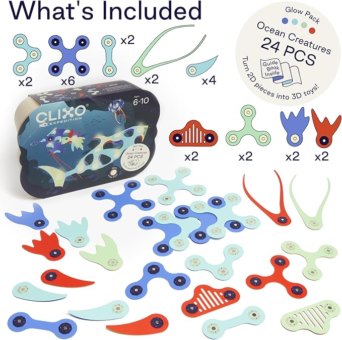 Clixo Ocean Creatures Pack - Glow-in-The-Dark Magnetic Building Toy - 24 Flexible Magnet Pieces for Underwater Adventure. Imaginative STEM Toy. Screen Free Kids Gift & Travel. Ages 6+ [New]