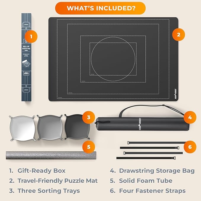 Newverest Jigsaw Puzzle Mat Roll Up, Saver Pad 55” x 35.5” Portable Keeper Up to 3000 Pieces with Non-Slip Rubber Bottom and Polyester Top + 3 Puzzle Sorting Trays, Travel-Friendly Storage Bag