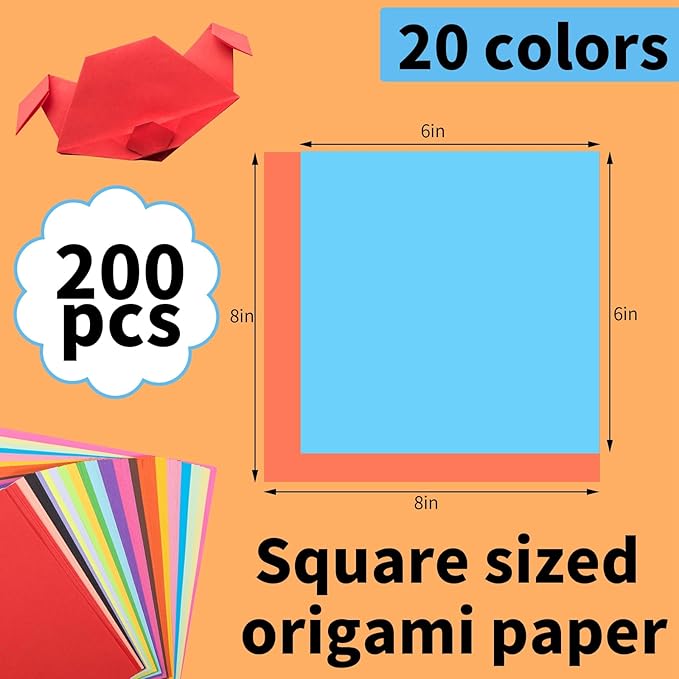 Square Origami Paper, 200 Sheets, 20 Colors Origami Kit for Kids Ages 8-12, Double Sided Colored Paper Folding Paper Origami Paper for Crafts(100 pcs of 6×6in & 100pcs of 8×8in)