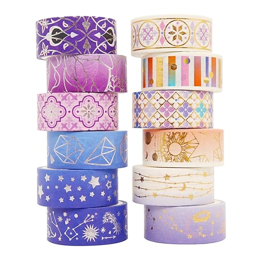 12 Rolls Galaxy Washi Tape Set Bronzing Starry Night Decorative Masking Tape for Scrapbooking, Bullet Journal, Planner, DIY Crafts, Gift Wrapping