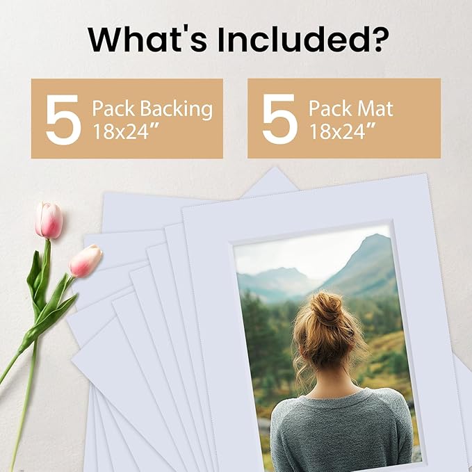 Falling in Art 5 Pack Acid Free 18x24'' White Picture Mats Board Show Kit for 12x18'' Photos, 4-Ply Beveled Pre-Cut Photo Mats with Backing Board for Frames, Artwork and Prints