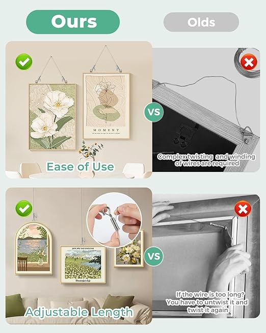 2PCS Adjustable Picture Hanging Wire 2m x 1mm Small Hooks, Picture Frame Wire Kit Heavy Duty 50lbs, Stainless Steel for Art, Mirror, Light Lamp, Billboards, Basket Flowerpot