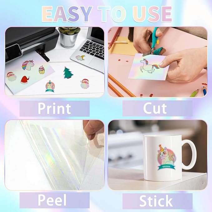 20 Sheets Holographic Sticker Paper,8.5x11 Inch Clear Printable Vinyl Sticker Papers,Self-Adhesive Waterproof for Inkjet/Laser Printer（Clear Laser）