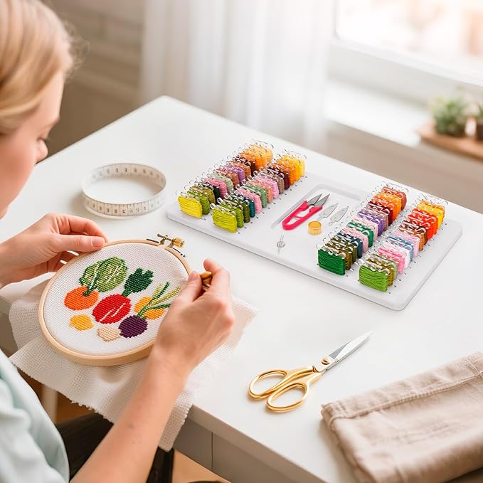 3mm Embroidery Floss Storage Organizer, 52-Slot Bobbin & Tools Tray with Magnetic, Embroidery Thread Organizer Holder for Cross Stitch Storage (Bobbins are Not Include)