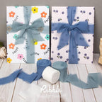 Ribbli Chiffon Silk Ribbon, 1.5 in x 30 Yards, White/Slate Blue/Dusty Blue Fringe, Wedding Invitations, Bridal Bouquets, Flower Arrangement