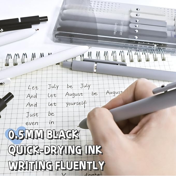 6 Pcs Gel Pens 0.5mm Quick Dry Black Ink Pens Fine Point Smooth Writing Pen, Cute Office and School Supplies Gifts for Women Teacher Students (6 Pcs Black White Grey Silver)