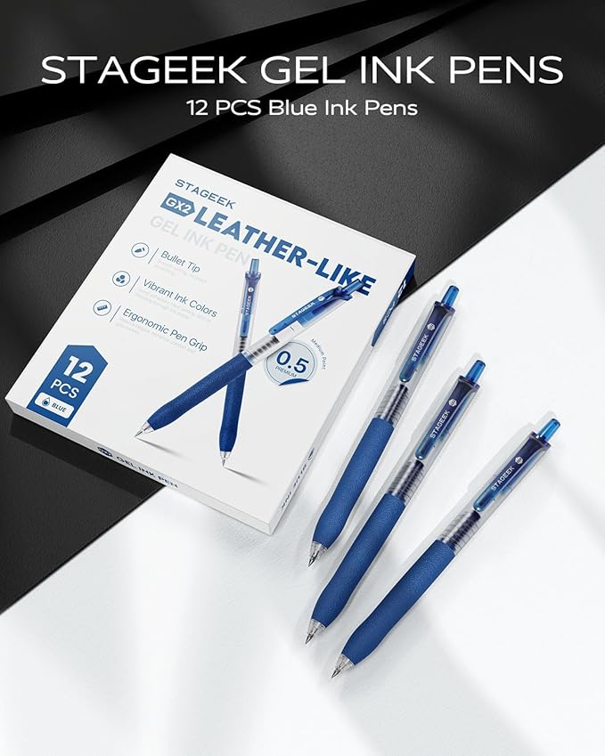 0.5mm Gel Pens Fine Point Smooth Writing Pens, 12PCS Blue Ink Pens, Retractable Leather-Like Blue Gel Pens, Business Gel Pen for Journaling, Writing, School, Office Use (Blue)