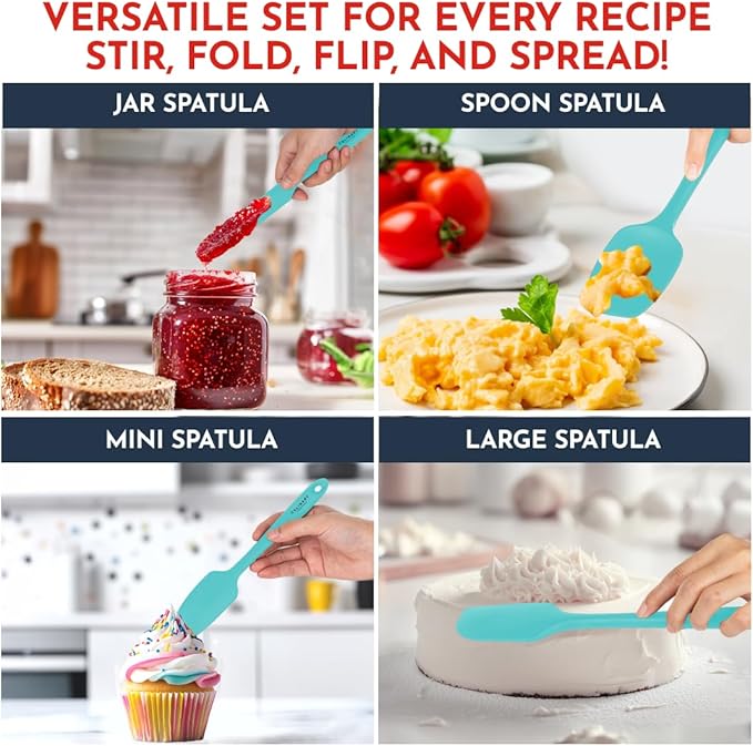 Culinary Couture 4-Piece Aqua Baking Spatula Set - Rubber Spatulas Silicone Heat Resistant, BPA-Free - Spatula Set for Nonstick Cookware - Silicone Baking Utensils