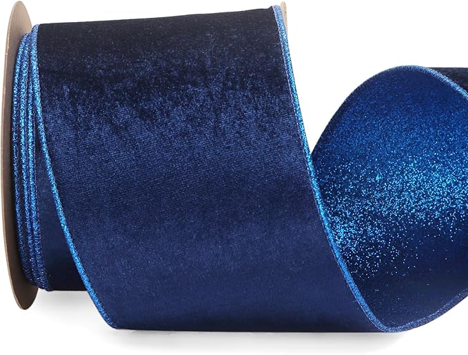 Ribbli Royal Blue Velvet Wired Ribbon 4 Inch Royal Velvet with Blue Glitter Christmas Ribbon for Christmas Tree Decoration Big Bow Gift Wrapping Crafts Wreaths Supplies- 10 Yards