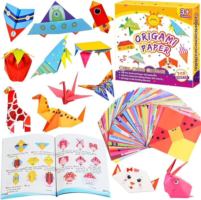 Pigipigi Kids Craft Origami Paper Kit for Kids Ages 5-8 8-12, with Guiding Book, 208 Sheets DIY Art and Crafts Supplies, Colorful Folding Papers Set Projects Gifts Activity for Boy Girl Toys(Cartoon)