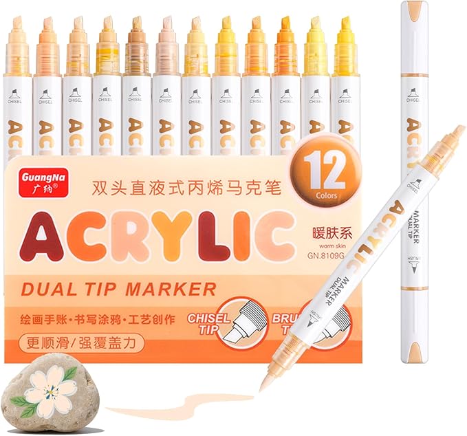 kander 12 Colors Dual Tip Acrylic Paint Markers,Warm Skin Colors— Extra Fine & Soft Brush Pen Set with Direct Ink Flow for Sketching, Detailing, Coloring on Wood, Canvas, Rock, Glass, DIY Crafts