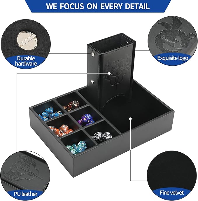 DND Dice Tray and Dice Tower with Storage, 3 in 1 Dice Rolling Tray with Lid, Portable Dice Box Storage, DND dice Holder for Dungeons and Dragons D&D RPG MTG Table Games (Black)
