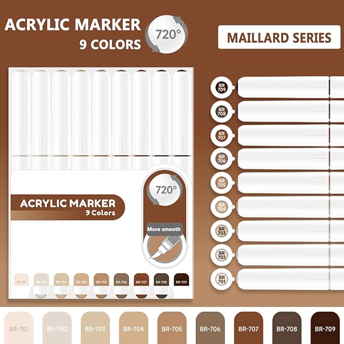 Water Based Acrylic Paint Markers, 9 Colors Acrylic Paint Pens Set with Soft Brush Tip, Marker Pen for Rock Painting, Egg, Wood, Glass, Paper, Mugs, Acrylic Painter Ink (Maillard Series)