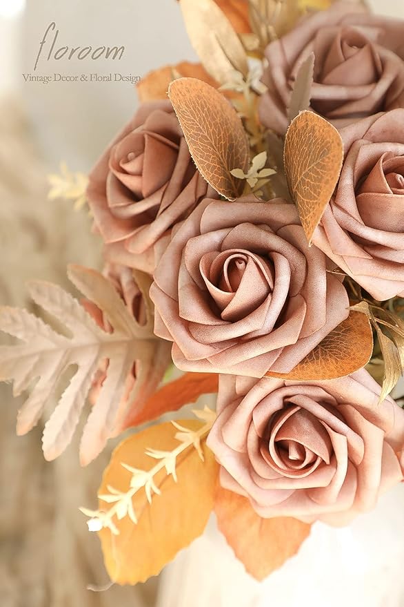 Floroom Artificial Flowers 25pcs Real Looking Warm Taupe Foam Fake Roses with Stems for DIY Wedding Bouquets Bridal Shower Centerpieces Floral Arrangements Party Tables Home Decorations