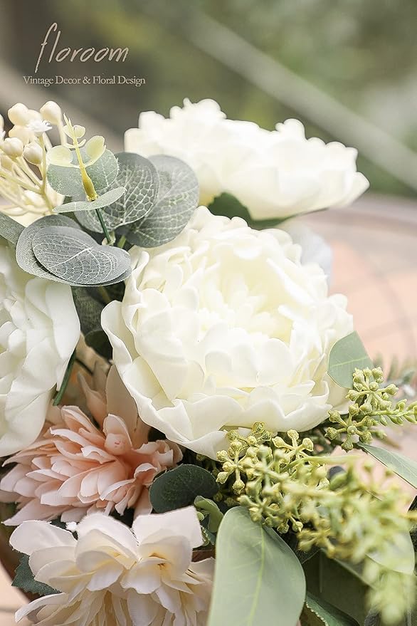 Floroom Artificial Flowers 16pcs 4" Ivory Blooming Peonies Real Looking Foam Fake Peony with Stems for DIY Wedding Bouquets Bridal Shower Centerpieces Floral Arrangements Party Tables Home Decorations
