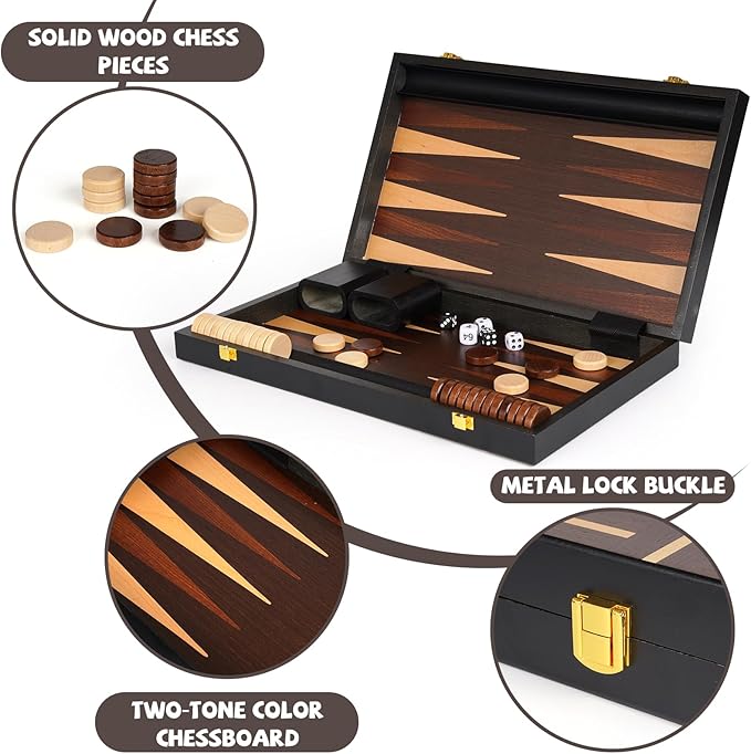 15" Wooden Backgammon Board Game Set for Adults and Kids - Portable and Travel Backgammon Set Family Game Night Vintage Backgammon Strategy Game- Classic Board Strategy Game