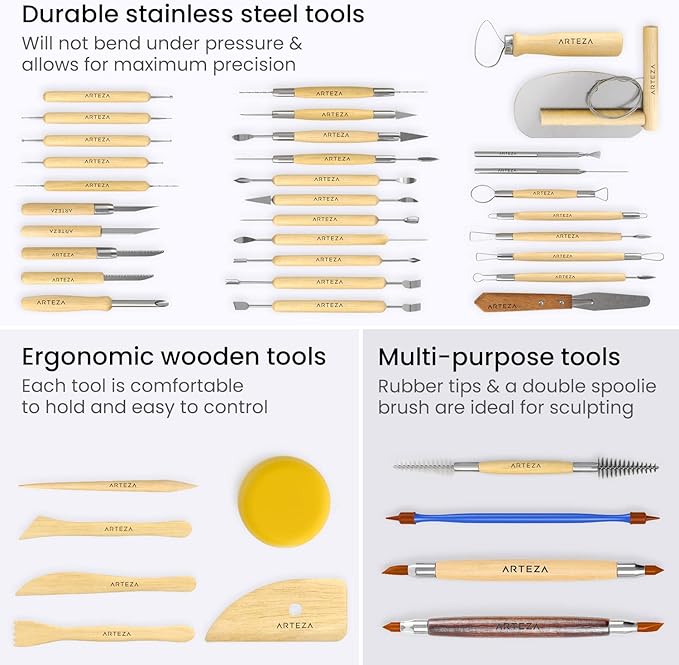 Arteza Pottery & Polymer Clay Tools, 42-Piece Sculpting Set, Steel Tip Tools with Wooden Handles, for Pottery Modeling, Smoothing, Carving & Ceramics