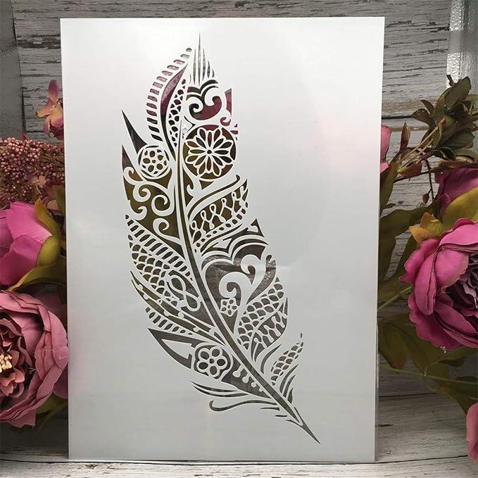 TIAMECH A4 Mandala Feather Stencil for Painting on Wood Reusable Big Feather Layering Stencil DIY Scrapbook Coloring Decorative Size 8.3 x 11.7inch Template