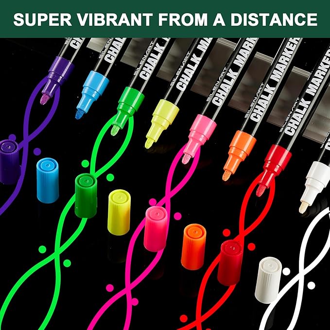 SILENART Liquid Chalk Markers - 8 Vibrant Colors - Chalkboard Markers for Blackboard Glass Window Car Dry Erase Board Acrylic Calendar Board Whiteboard- Wet Erase