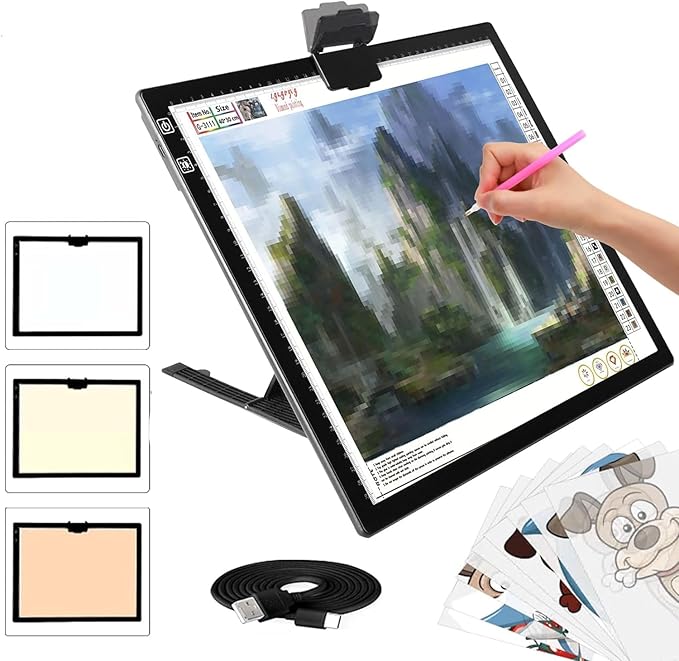 Wireless Rechargeable A3 LED Light Pad w/Built-in Foldable Stand, 3 Color Tone, 6 Levels of Brightness, Battery Powered Evenly Illuminated Light Box for Tracing Drawing and Diamond Painting