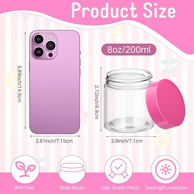 SATINIOR 12 Pack 8 oz Plastic Container Jars with Lids Round Clear Travel Cosmetic Container Slime Jars for Toiletries, Lotion, Cream, Ointments, Makeup, Rhinestone, Samples, Kitchen Storage(Pink)