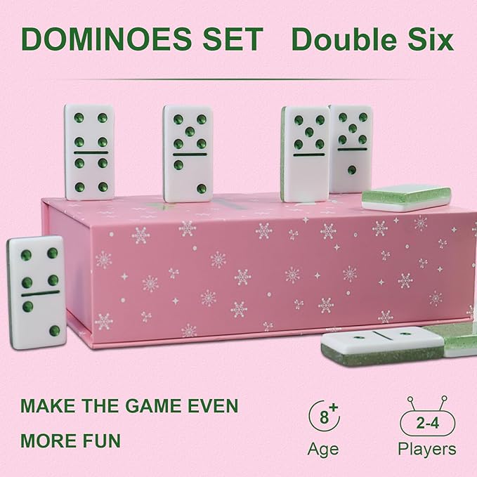IDTQ Dominoes Set for Adults, Double 6 Dominos Game Set with 28 Domino Tiles Double with Upscale Gift Boxes -7 Polyhedral Dice -Classic Board Games (Light Green)