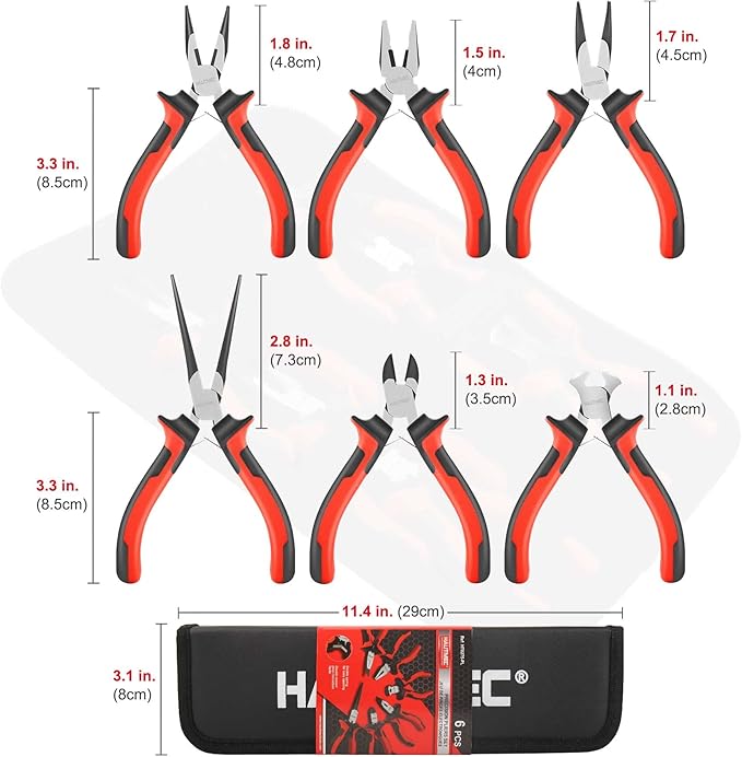 HAUTMEC 6PCS Mini Pliers Set High Leverage Multi Small Pliers Tool Set with Small Needle Nose Pliers Set, Linesman, Long Nose, Bent Nose, Diagonal Cutters, End Cutting Plier for Jewelry and Electronic