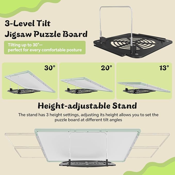 1500 Pieces Puzzle Board 3-in-1 Double-Sided & Rotating & Tilting, Plastic Puzzle Table with Sorting Boxes and PVC Cover, Portable Lazy Susan Jigsaw Puzzle Board for Adults, Gray Green