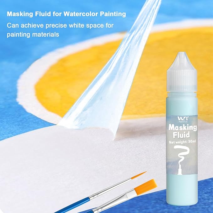 Masking Fluid for Watercolor Painting, 30ml Watercolor Masking Fluid with 2 Brushes & Eraser, Fine Arts & Crafts Supplies for Ink, Watercolor, Gouache Painting