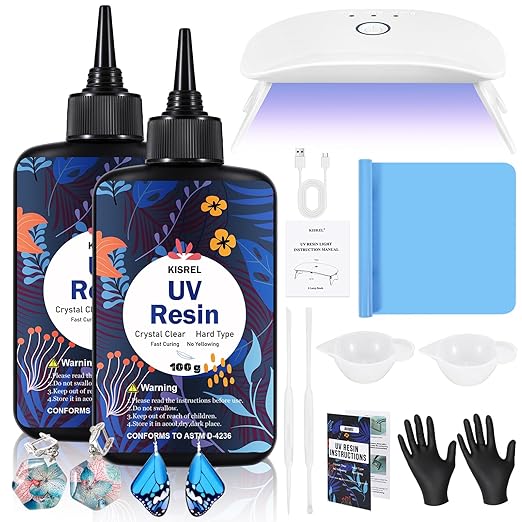 KISREL UV Resin with Light - 200g Upgraded Hard Type Crystal Clear Ultraviolet Curing UV Resin Kit, 8 Lamp Beads UV Light, Resin Kit with Light for Craft Jewelry Making