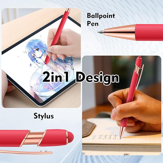 12 PCS 2 in 1 Stylus Ballpoint Pen with Stylus Tip, 1.0 mm Black Ink Metal Pen Stylus Pen for Touch Screens (All Red)