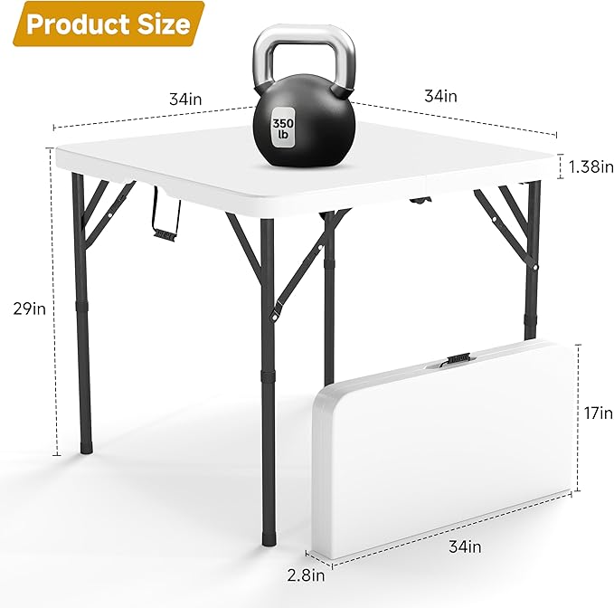 34" Square Folding Table, Portable Plastic Card Table with Handle and Removable Legs for Indoor Outdoor Picnic Party Dining Camping Wedding