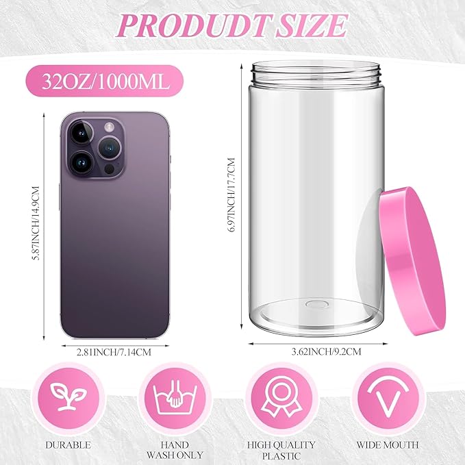 SATINIOR 12 Pack 32 oz Plastic Container Jars with Lids Round Clear Travel Cosmetic Container Slime Jars for Toiletries, Lotion, Cream, Ointments, Makeup, Rhinestone, Samples, Kitchen Storage(Pink)