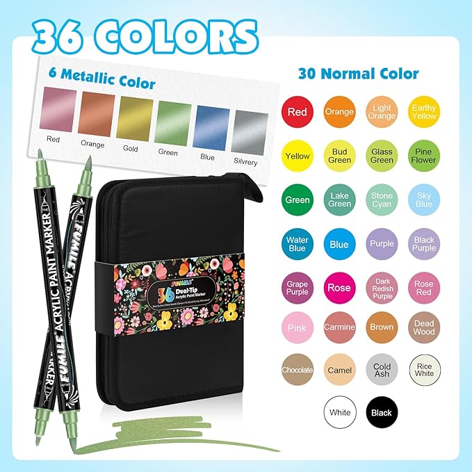 FUMILE 36 Colors Acrylic Paint Markers Dual Tip(Fine and Brush Tip), Acrylic Paint Pens paint Marker for Wood, Rock, Plastic, Glass, Ceramic, Canvas.Acrylic Markers Set for DIY Crafts and Art.