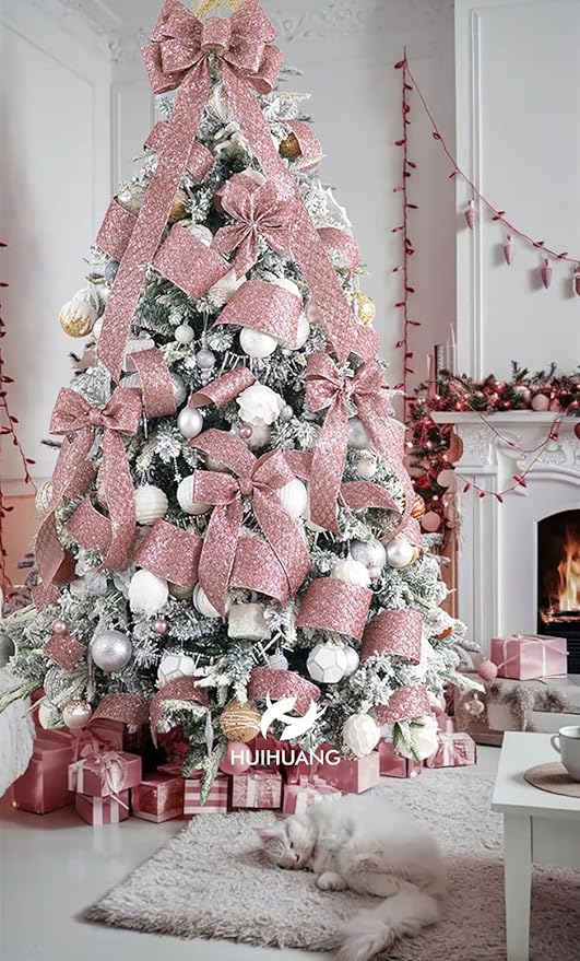 HUIHUANG Rose Gold Glitter Wired Ribbon for Christmas Tree 2.5 inch Rose Gold Diamond Mesh Ribbon for Tree Decoration, Wreaths, Garland, Gift Wrapping, Bows Making, Home Decor -10 Yards