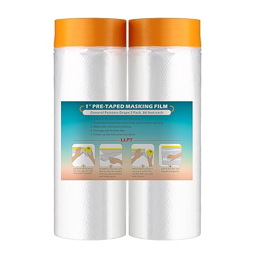 LLPT Tape and Drape 59.1”(Unfolded) x 66 Ft Each 2 Pack Pre-Taped Masking Film 0.27 Mil Painters Plastic Drop Cloth for Auto Wall Furniture Painting Protection (MFT1502)