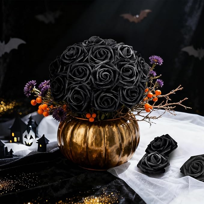 Artificial Flowers Foam Fake Roses 25pcs Black Roses with Stems for Home Decor DIY Wedding Bouquets Party Bridal Shower Centerpieces Faux Flower Arrangements Tables Decorations