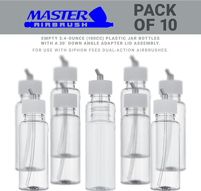 Master Airbrush (Pack of 10 TB-009 Empty 3.4-Ounce (100cc) Plastic Jar Bottles with 30° Down Angle Adaptor Lid Assembly - Fits Dual-Action Siphon Feed Airbrushes, Use with Master Badger Paasche Iwata
