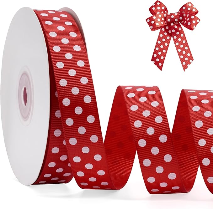 Polka Dot Grosgrain Ribbon 3/4 Inch, 25 Yards Spool Red and White Dot Craft Ribbon for Christmas Gift Wrapping DIY Crafts Hair Bows Sewing Wedding Party Decor and Home Decoration