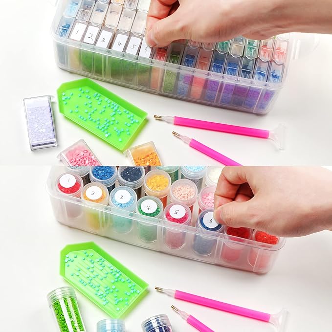 Douorgan 3-Tier Diamond Painting Storage Containers Diamonds Organizers and Storage Stackable Diamond Painting Tools Box Portable Diamond Beads Storage Box, 80+40 Slots with Tool Set
