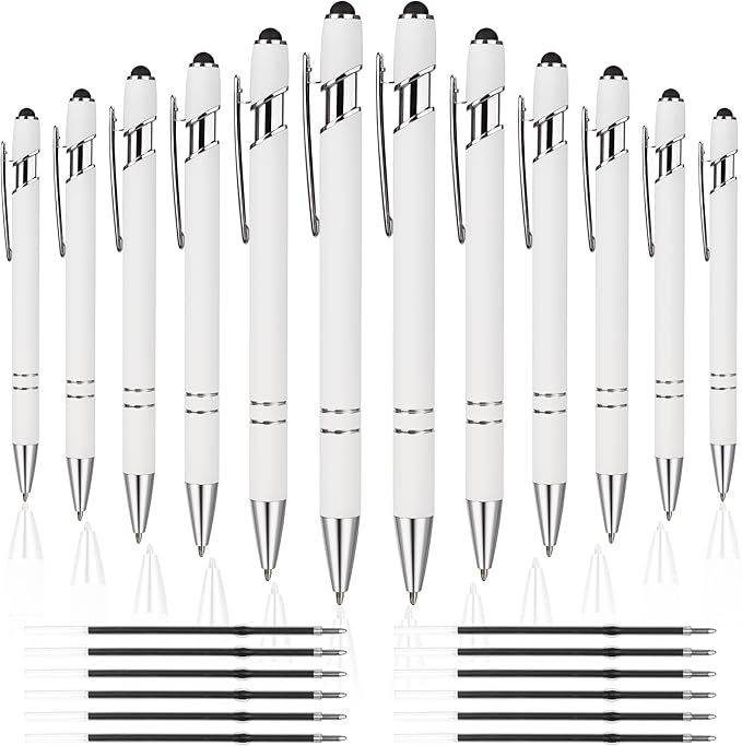12 PCS 2 in 1 Stylus Ballpoint Pen with Stylus Tip, 1.0 mm Black Ink Metal Pen Stylus Pen for Touch Screens (Silver & White)