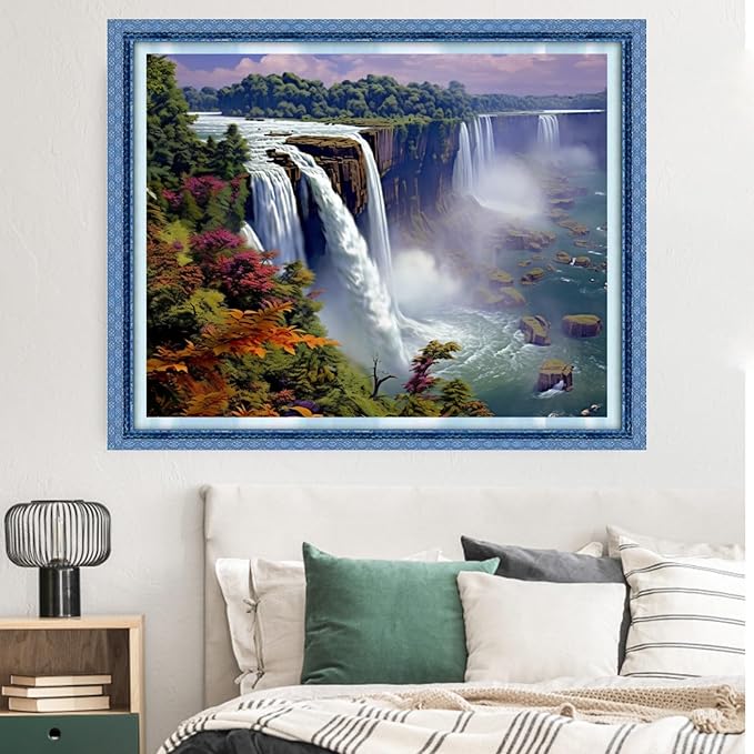 Dimxvean Stamped Cross Stitch Kits,Cross Stitch Kits for Adults Beginners,Embroidery Kits Full Range of Cross Stitch Stamped Kits Needlepoint Kits Cross Stitch Patterns-Waterfall Scenery 16x20 inch