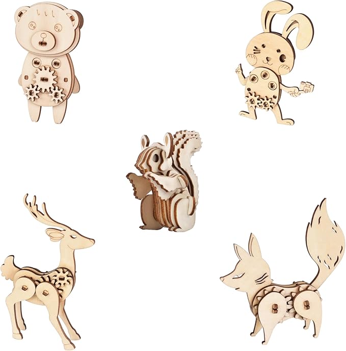 Wooden Animal Puzzles for Ages 8+, 5 Pack 3D Wooden Puzzles, STEM Kits for Kids & Adults, Wood Crafts Model Kits, STEM Toys, DIY Art Projects, Educational Gifts Toys, Party Favors - Woodland Frens