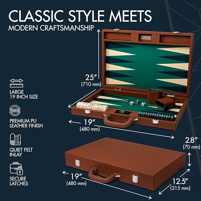 19 Inch Premium Backgammon Sets for Adults Leather Brown - Green. Premium 1.6 Inch Checkers & Dice Set, Travel Backgammon Set, Large, Backgammon Board Game, Backgammon Game Set