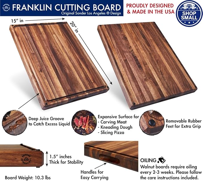 Sonder Los Angeles, Made in USA, Large Thick Edge Grain Walnut Wood Cutting Board with Non-Slip Feet, Juice Groove for Kitchen 20x15x1.5 in (Gift Box Included)
