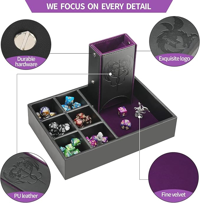 DND Dice Tray and Dice Tower with Storage, 3 in 1 Dice Rolling Tray with Lid, Portable Dice Box Storage, DND dice Holder for Dungeons and Dragons D&D RPG MTG Table Games - Purple